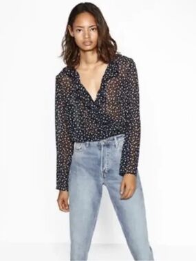 Zara Navy Blue Star Frill Bodysuit Shirt Size Small